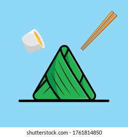 The rice cakes have not yet been opened, with chopsticks and glasses and their contents, for the dragon boat festival. Blue background