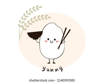 Rice Cartoon, Rice Bowl, Chopsticks And Rice Plant Logo Vector Illustration.