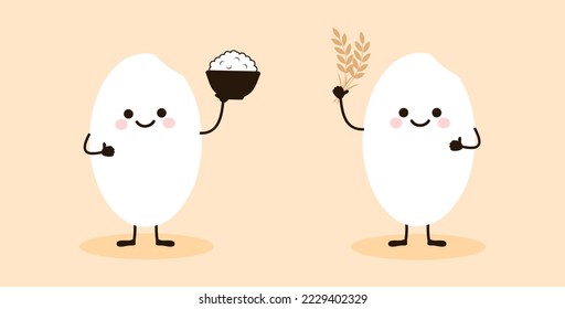 Rice cartoon mascot with rice bowl and rice plant vector illustration.