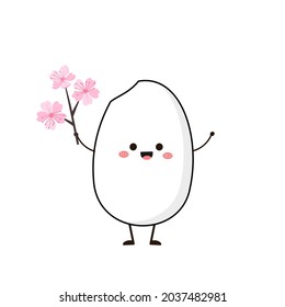 Rice cartoon mascot with Sakura branch isolated on white background vector illustration. Cute cartoon food for restaurant.