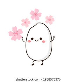 Rice cartoon mascot and Sakura flower icon isolated on white background vector illustration. Cute Japanese rice cartoon.
