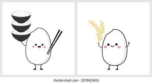Rice cartoons with rice bowls, chopsticks and paddy rice isolated on white backgrounds vector illustration. 