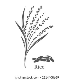 Rice cereal crop glyph icon vector illustration. Cut black silhouette grain plant with leaf, stalk and seeds in panicle, fresh organic farm harvest of agriculture paddy field and Rice lettering