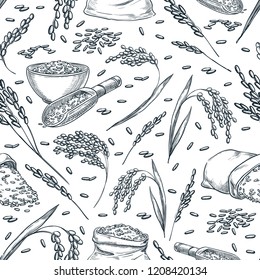 Rice cereal ears, vector seamless pattern. Sketch hand drawn illustration. Asian food package background.