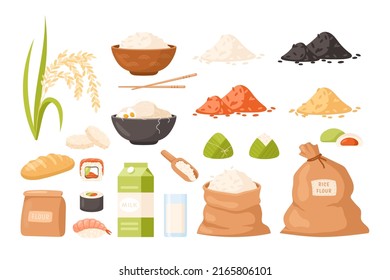 Rice cereal icon set. Vector collection of organic cartoon rice products, flour, sushi, mochi, noodles, bread, chips, zongzi, rice bags and milk. Agricultural product for web, banner, print