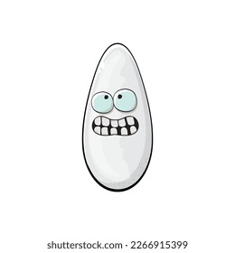 Carácter de arroz. Caracteres de grano de arroz de dibujos animados aislados en fondo blanco. Carácter gracioso de arroz con ojos y boca. Pinza de clip de arroz blanco vectorial, emoticonos, etiquetas y pegatinas