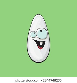 Rice character. Cartoon rice grain characters isolated on green background. Funky rice character with eyes and mouth. Vector white rice clip art, emoji, label and sticker
