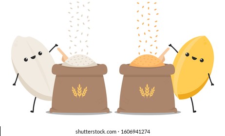 Rice character design. rice vector on white background. rice seed. Rice sack vector.