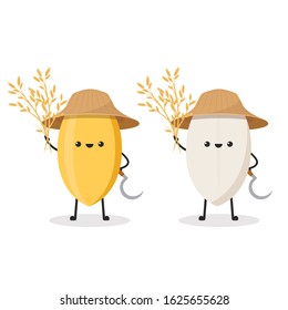 Rice character design. rice vector on white background. rice seed. Sickle vector. Rice farmer.