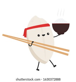 Rice character design. rice vector on white background. rice seed. Chopsticks vector. Rice on Bowl.