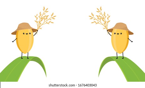 Rice character design. rice vector on white background. rice seed. rice on the leaf.