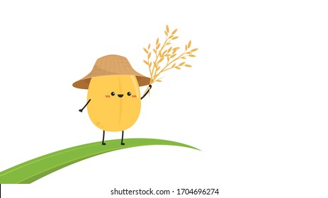 Rice character design. rice vector on white background. rice seed. rice on the leaf.