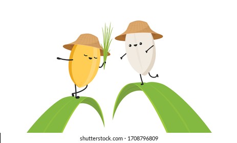 Rice character design. rice vector on white background. rice seed. rice on the leaf.