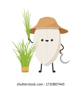 Rice character design. rice vector on white background. rice seed. Sickle vector. Rice farmer.