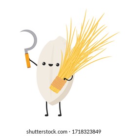 Rice character design. rice vector on white background. rice seed. Sickle vector. Rice farmer.