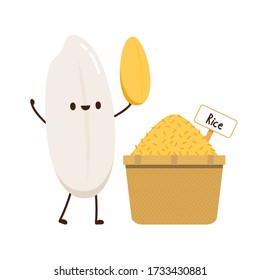 Rice character design. rice vector on white background. rice seed. Rice bucket.