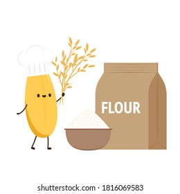 Diseño de carácter de arroz. vector de arroz sobre fondo blanco. Vector de bolsas de harina.