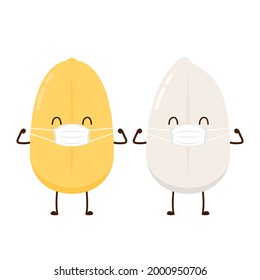 Rice character design. rice vector on white background. rice seed. Rice cartoon wearing a mask.