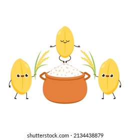 Rice character design. rice vector on white background. Paddy vector. Cooking rice in earthen pot. Earth pot vector.