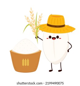 Rice character design. rice vector on white background. rice seed. Peasant hat vector.