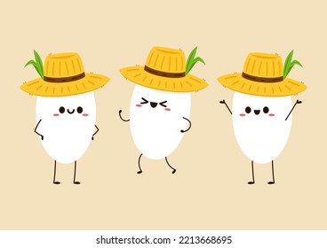 Rice character design. rice vector on white background. rice seed. Peasant hat vector.