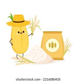 Rice character design. rice vector on white background. rice seed. Peasant hat vector. Pile of Rice.