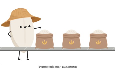 Rice character. Rice sack cartoon vector. rice bag. symbol. Rice sack on conveyor belt.