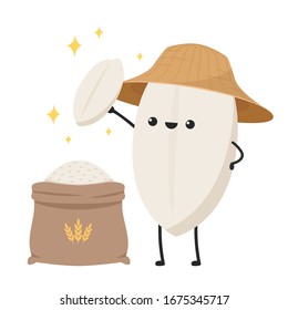 Rice character. rice vector on white background. rice seed. Rice sack vector. Peasant hat vector.