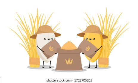 Carácter de arroz. vector de arroz sobre fondo blanco. semilla de arroz. Vector de saco de arroz. Vector de sombrero campesino.