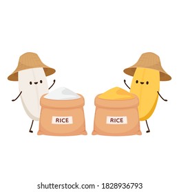 Rice character. rice vector on white background. rice seed. Rice sack vector. Peasant hat vector.