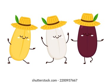 Rice character. rice vector on white background. rice seed. Rice sack vector. Peasant hat vector.