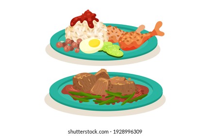 Rice with Chicken Legs and Meat Gravy as Malaysian Cuisine Dishes Served on Plate Vector Set