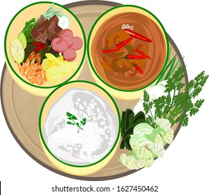 Rice, Chili Paste, Boiled Vegetables and Shrimp, Omelette with Pork, Vector illustration Thai food with food carrier