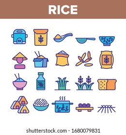 Rice Chinese Culture Collection Icons Set Vector. Rice Bread And Boiling Dish, Harvest Bag And Plant, Slow Cooker And Sushi Concept Linear Pictograms. Color Illustrations