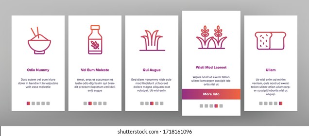 Rice Chinese Culture Onboarding Icons Set Vector. Rice Bread And Boiling Dish, Harvest Bag And Plant, Slow Cooker And Sushi Illustrations