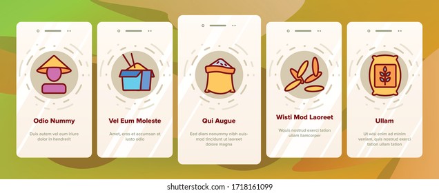 Rice Chinese Culture Onboarding Icons Set Vector. Rice Bread And Boiling Dish, Harvest Bag And Plant, Slow Cooker And Sushi Illustrations