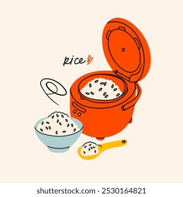 Hervidor de arroz, cuenco con arroz. Sabrosa comida asiática, concepto de comida saludable. Ilustración vectorial moderna dibujada a mano. Elemento de diseño aislado. Logotipo, icono, cartel, Plantilla impresa