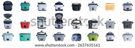  Rice cooker icons set. Various rice cooker appliances stand ready to prepare delicious meals in a modern kitchen setting