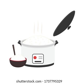 Cocina de arroz con fondo blanco. Vector de caricatura de olla de arroz. símbolo. 