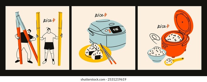 Hervidor de arroz, onigiri, gente con palillos, tazón. Sabrosa comida asiática, concepto de comida saludable. Ilustración vectorial moderna dibujada a mano. Elementos de diseño aislados. Logotipo, icono, cartel, Plantilla impresa