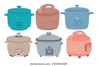 Rice cooker vector set cute cartoon style.