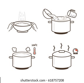 Rice cooking directions. Steps how to prepare rice. Vector illustration.