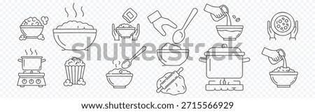 Rice and cooking line icon set – editable outline symbols of bowl, pot, popcorn, spoon, hand and kitchen preparation
