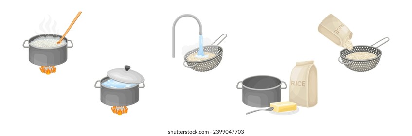 Rice Cooking Process with Pot Utensil Vector Set