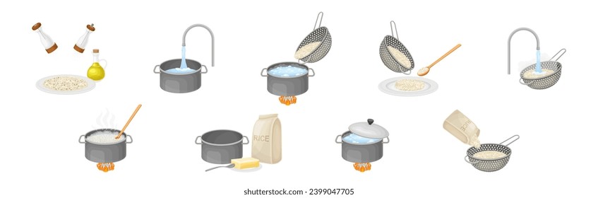 Rice Cooking Process with Pot Utensil Vector Set