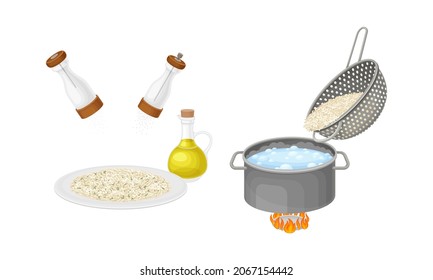 Rice cooking process set. Boiling and serving porridge in bowl vector illustration on white background