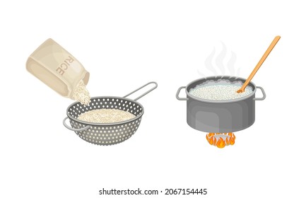 Rice cooking process set. Rinsing and boiling rice vector illustration on white background