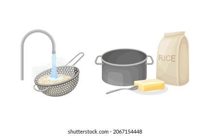 Rice cooking process set. Rinsing rice with running water and cooking ingredients vector illustration