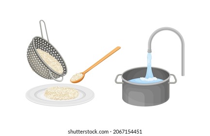 Rice cooking process set. Rinsing rice with running water vector illustration