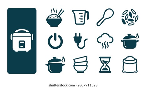 Rice cooking process vector icon set including rice cooker, measuring cup, bag of grains, steaming bowl with chopsticks, kitchen timer, power plug, and steaming pot symbols.
